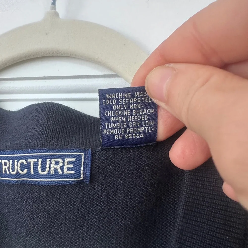 Structure Mens Navy Blue V-Neck Sweater 100%‎ Cotton Knit Pullover Large